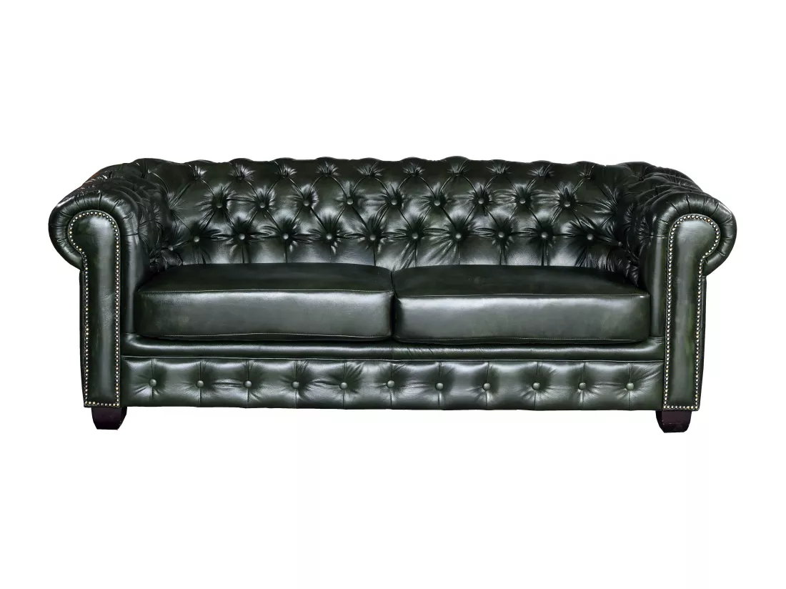 Canapé chesterfield 3 places et un fauteuil BRENTON 100% cuir de buffle - Vert empire