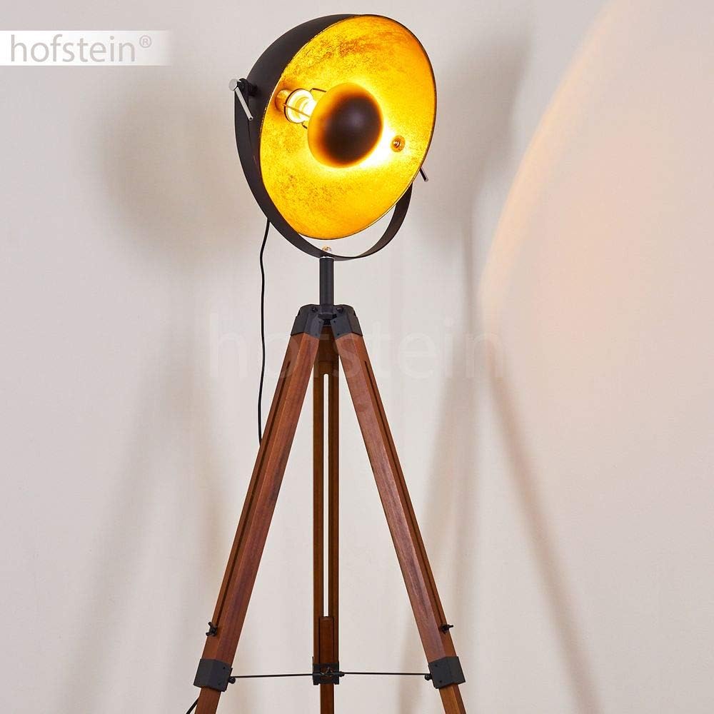 Stehlampe Jupiter, Stehleuchte aus Holz/Metall in Goldfarben/Braun/Schwarz, 1 x E27,Fußschalter am Kabel, verstellbare Stehleuchte mit anpassbaren Stellschrauben, ohne Leuchtmittel