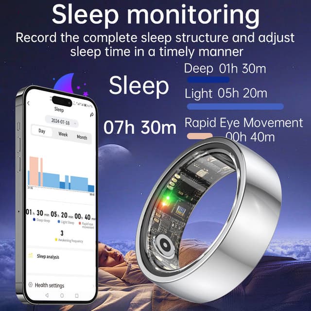 Smart Ring R1000 – Søvnmonitor, Bluetooth 5.0, Blood Oxygen Monitor Sølv 7