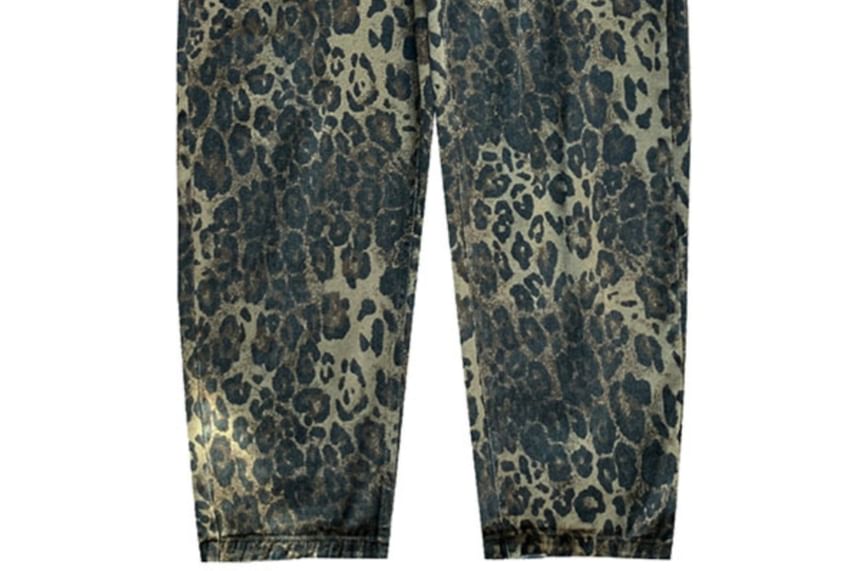 Whyessa - Low Rise Leopard Print Washed Baggy Jeans