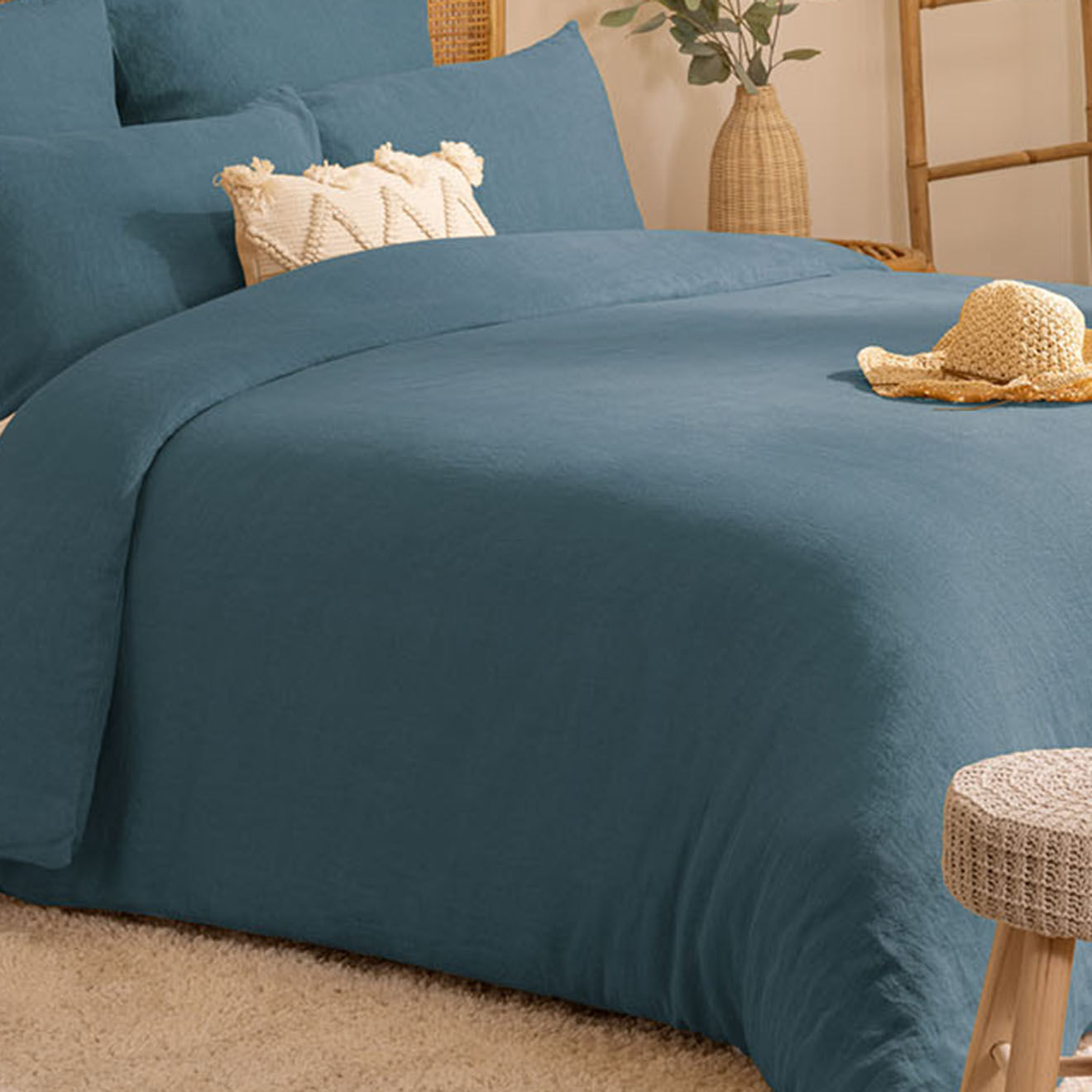 Atmosphera Housse de couette Linah en lin lavé bleu canard