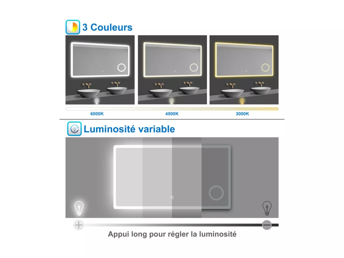 AICA 160x80cm miroir lumineux salle de bain LED anti-buée,tricolore avec loupe 3x, mémoire et dimmable