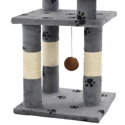 Arranhador para gatos com sisal e estampa de patas cinzentas.