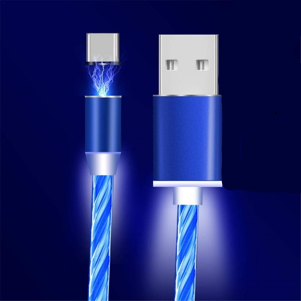 (1m) 2.4A 3in1 Magnetisches Ladekabel LED Leuchtendes Datenkabel Apple Lightning / Micro USB / USB C - Blau