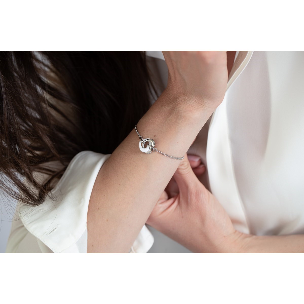 Bracelet souple mono-motif en Acier 316L et céramique - blanc brillant