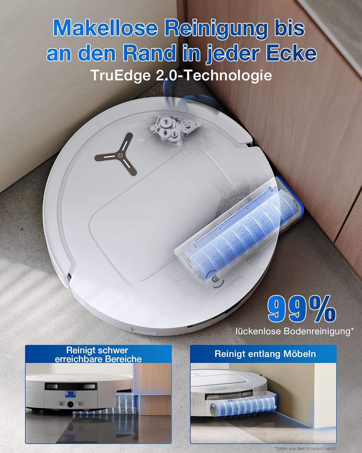 ECOVACS DEEBOT T80 Omni Saugroboter mit Wischfunktion, 18.000 Pa, OZMO Roller Wischwalze mit kontinuierlicher Frischwasser-Selbstreinigung, ZeroTangle 3.0, Moppwäsche mit 40-75℃ heißem Wasser, Weiß