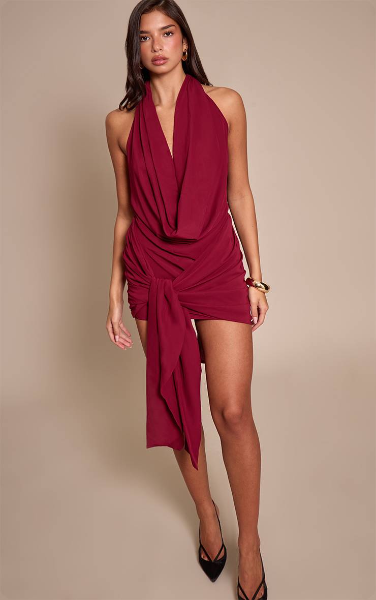 Rouge Vin Mini Robe Portefeuille Tissée À Col Licou