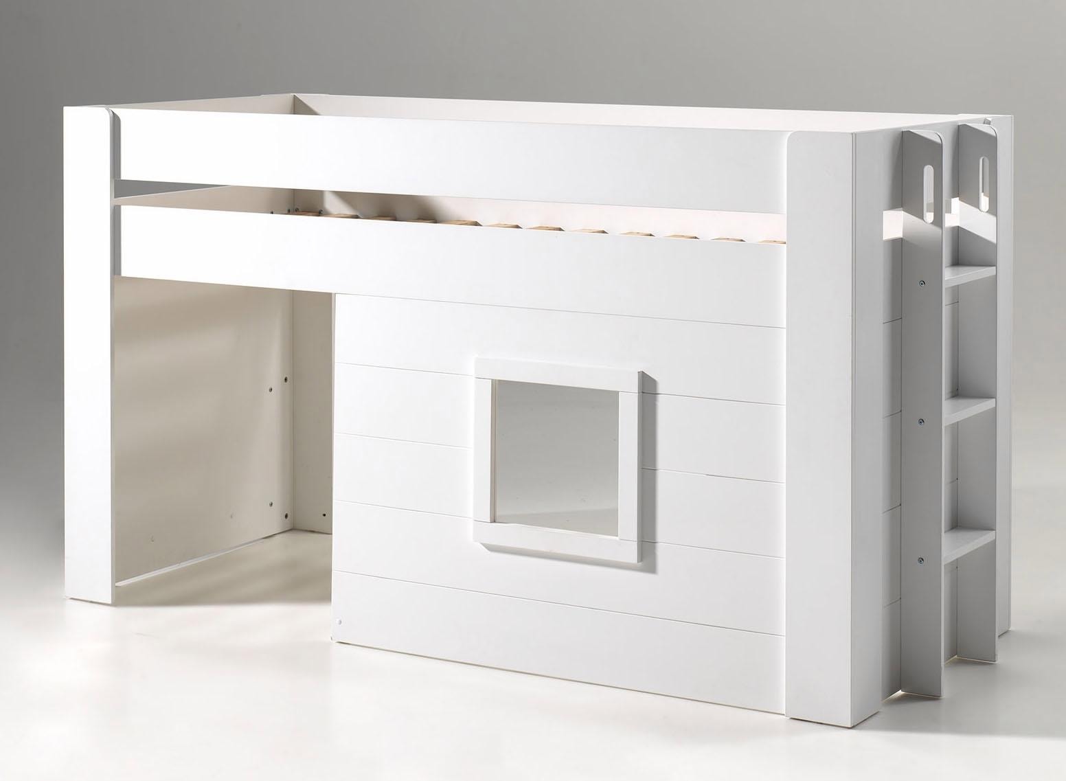 Vipack Hochbett »Noah, ein tolles Budenbett mit hoher Standfestigkeit, weiss lackiert« B/H/Tca.214x120x96cm, Leiter rechts/links möglich, Absturzschutz oben,  inkl. Rolllattenrost, wahlweise mit und ohne Textilvorhang