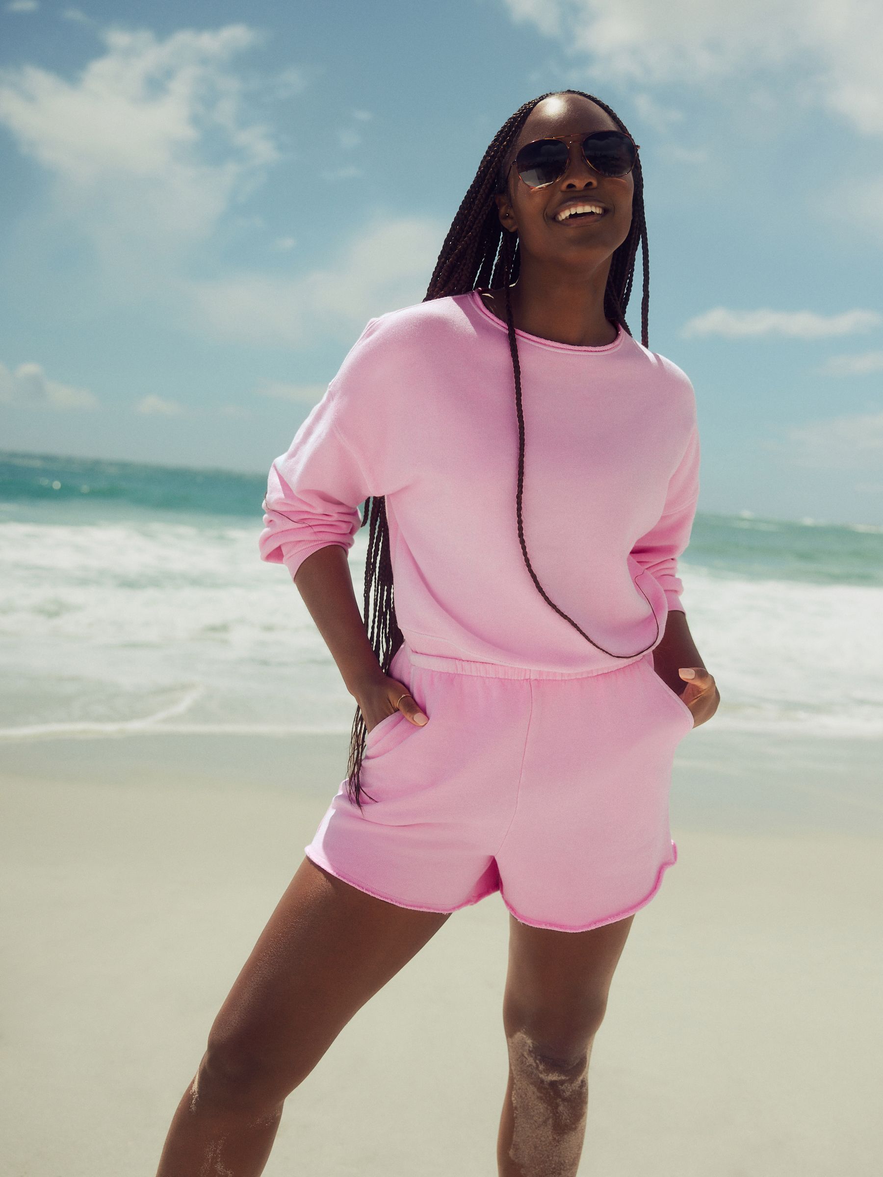 Roze bloemetjes - Gewassen katoenen jersey shorts met ruwe zoomdetails