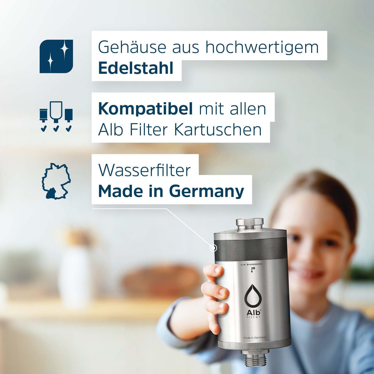 Alb Filter® Active Plus+ Wasserfilter gegen Kalk, Bakterien, und andere Schadstoffe | Unterspüle | Made in Germany Edelstahl Natur