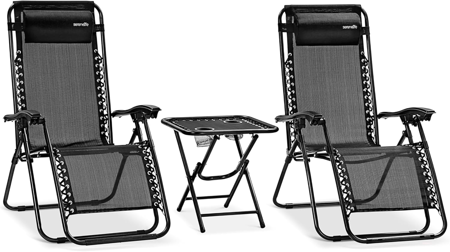 SereneLife Liegestuhl, Gartenliege Klappbar, Strandliege, Sonnenstuhl als Gartenbett mit atmungsaktivem Textil, Verstellbar zum Liegen für Garten & Camping mit Seitentisch, Kopfkissen & Getränkehalter