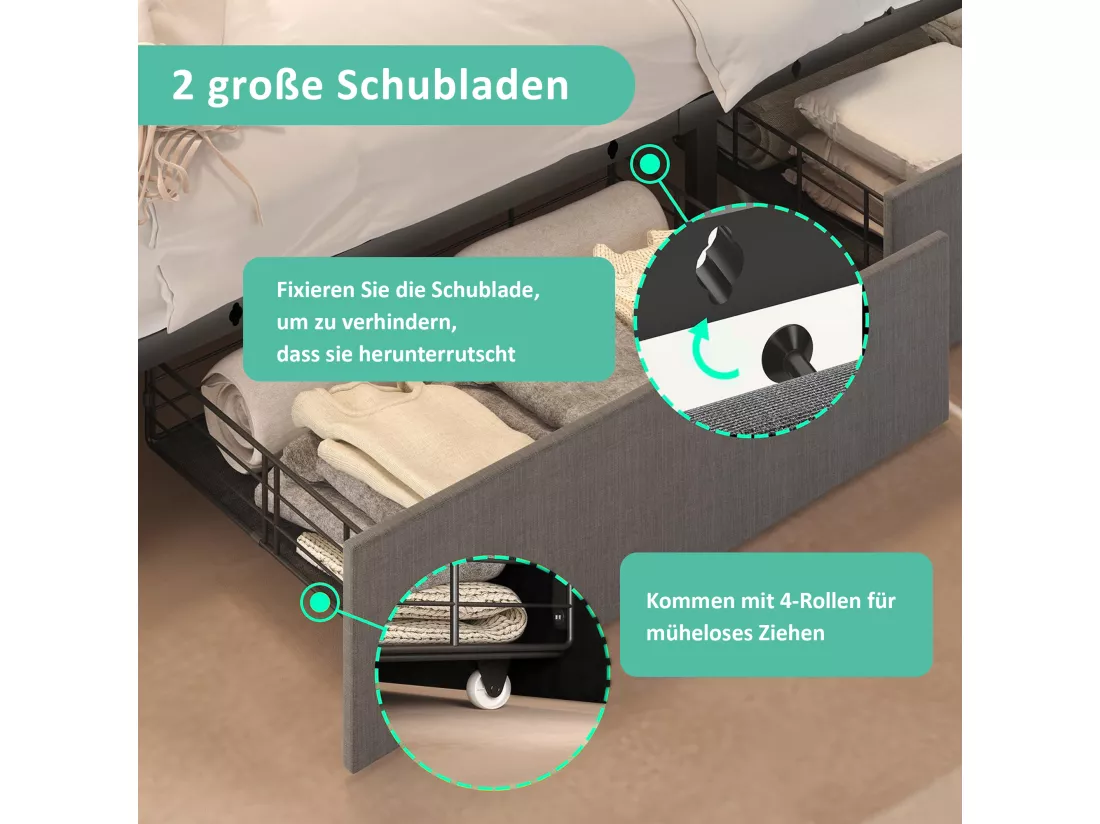 Lit capitonné 90 x 200 cm avec 2 tiroirs - Prises USB, Type C et éclairage LED - Tissu en lin - Gris (sans matelas)