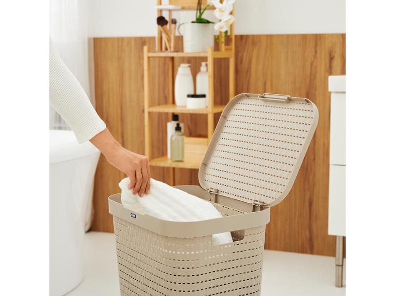 Rotho Wäschesammler Country 55 l, Beige Wäschekorb mit Deckel