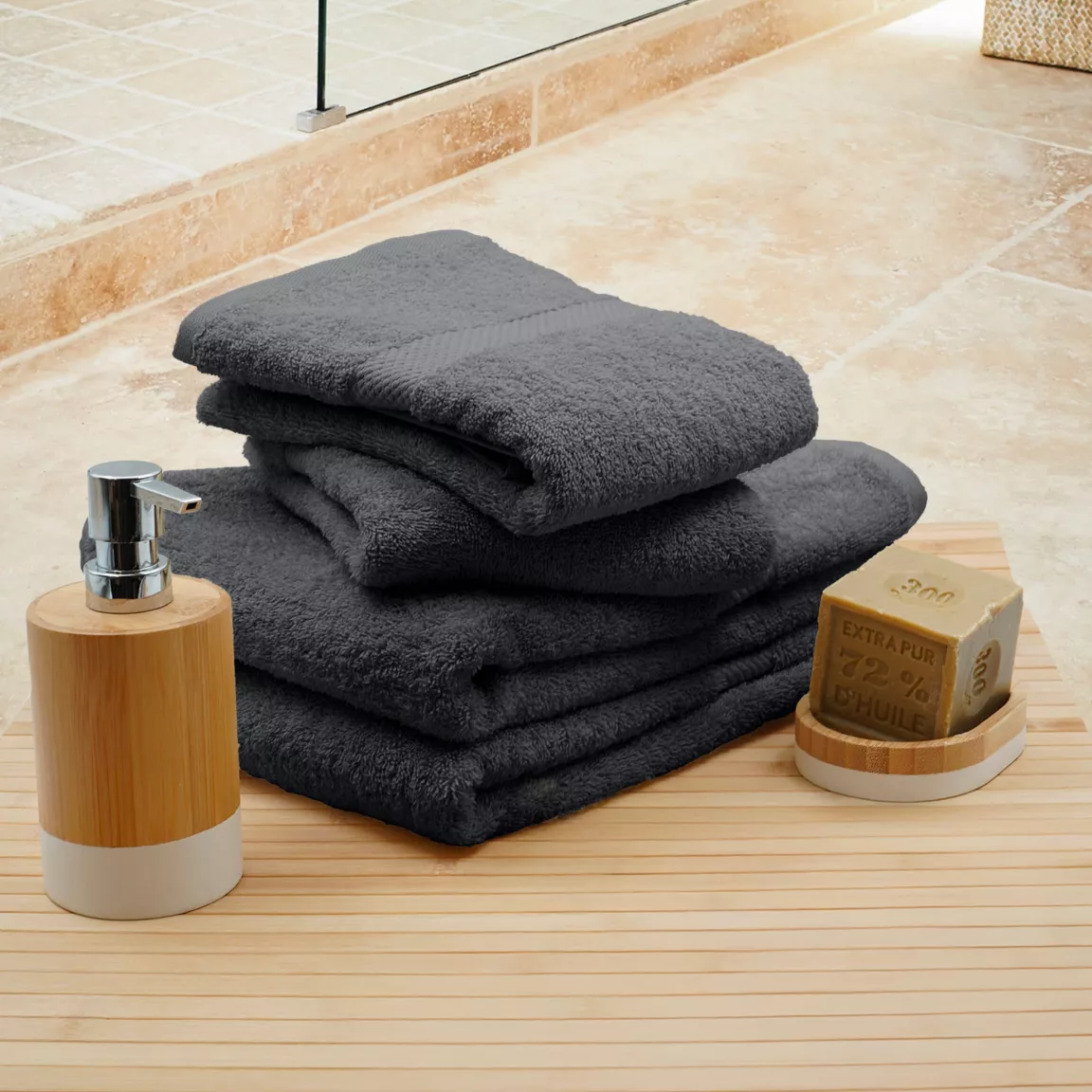 Lot de 4 serviettes de toilette coton (70 x 130 cm) Elegance Gris anthracite