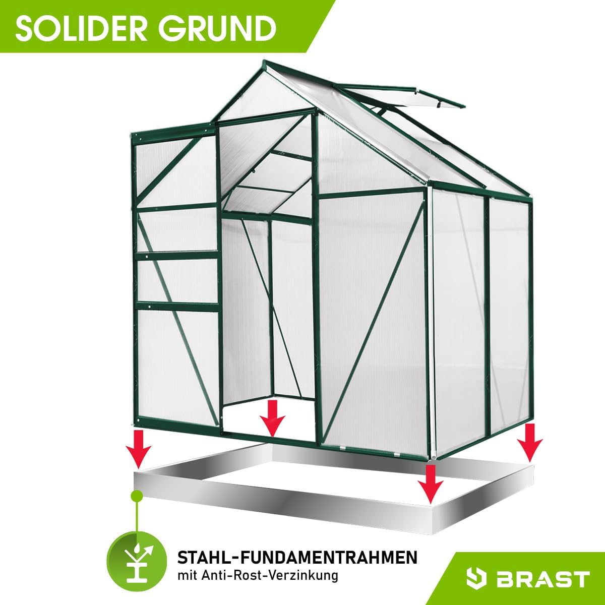BRAST Gewächshaus Aluminium mit Fundament | 42 Modelle | 130x190x195cm - 490x250x235cm | TÜV geprüft | 6mm Hohlkammerplatten | rostfrei wetterfest temperaturbeständig | 130x190x195cm Grün