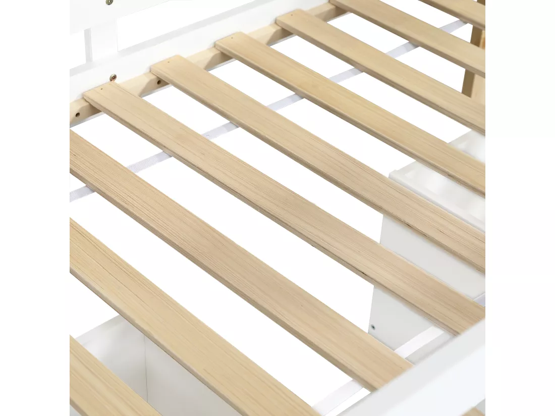 Lit mezzanine en bois 90x200cm - avec 2 tiroirs de rangement - bois massif + MDF - Blanc + Naturel