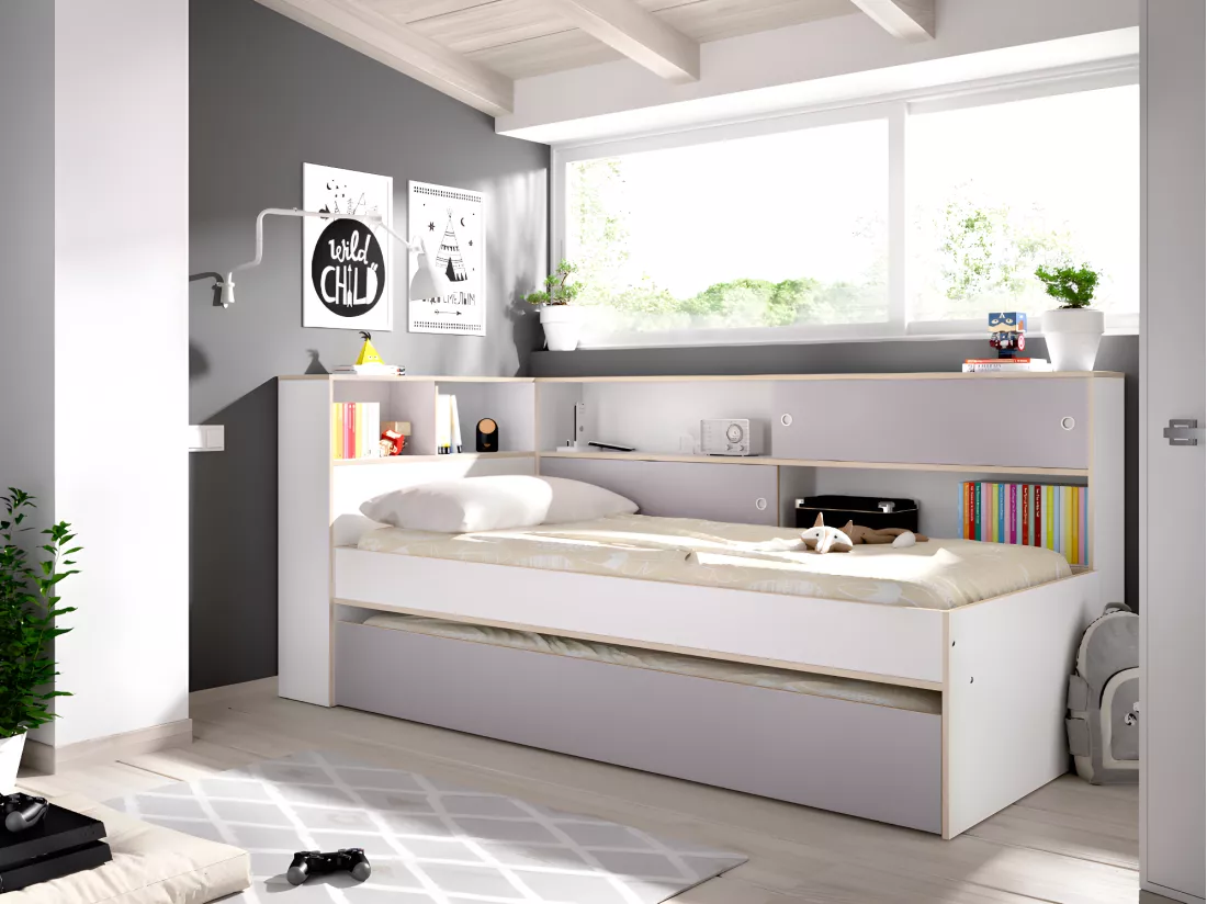 Lit gigogne avec rangements - 90 x 200 et 90 x 190 cm - Blanc et gris + sommier + matelas - LOSIANA