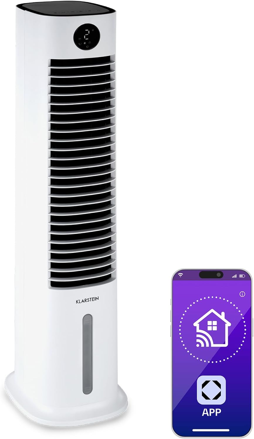 Klarstein Luftkühler mit Wasserkühlung, 5-in-1 Verdunstungskühler, Luftbefeuchter, Ventilator & Luftreiniger, Mobile Klimageräte Luftkühler mit App-Steuerung, 80W Air Cooler, 462m³/h Luftstrom