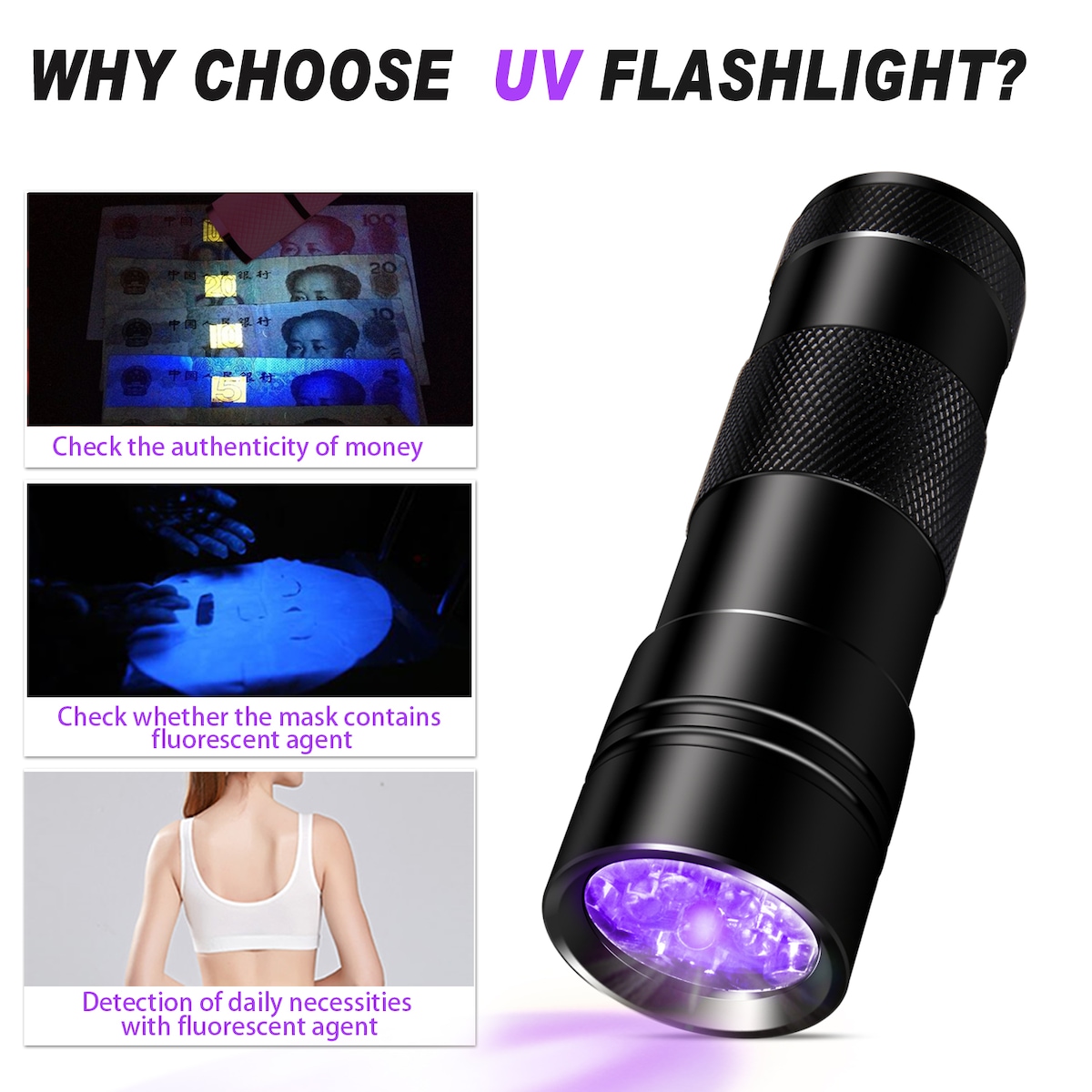 UV-lommelykt med 12 lysdioder 395 nm Sort