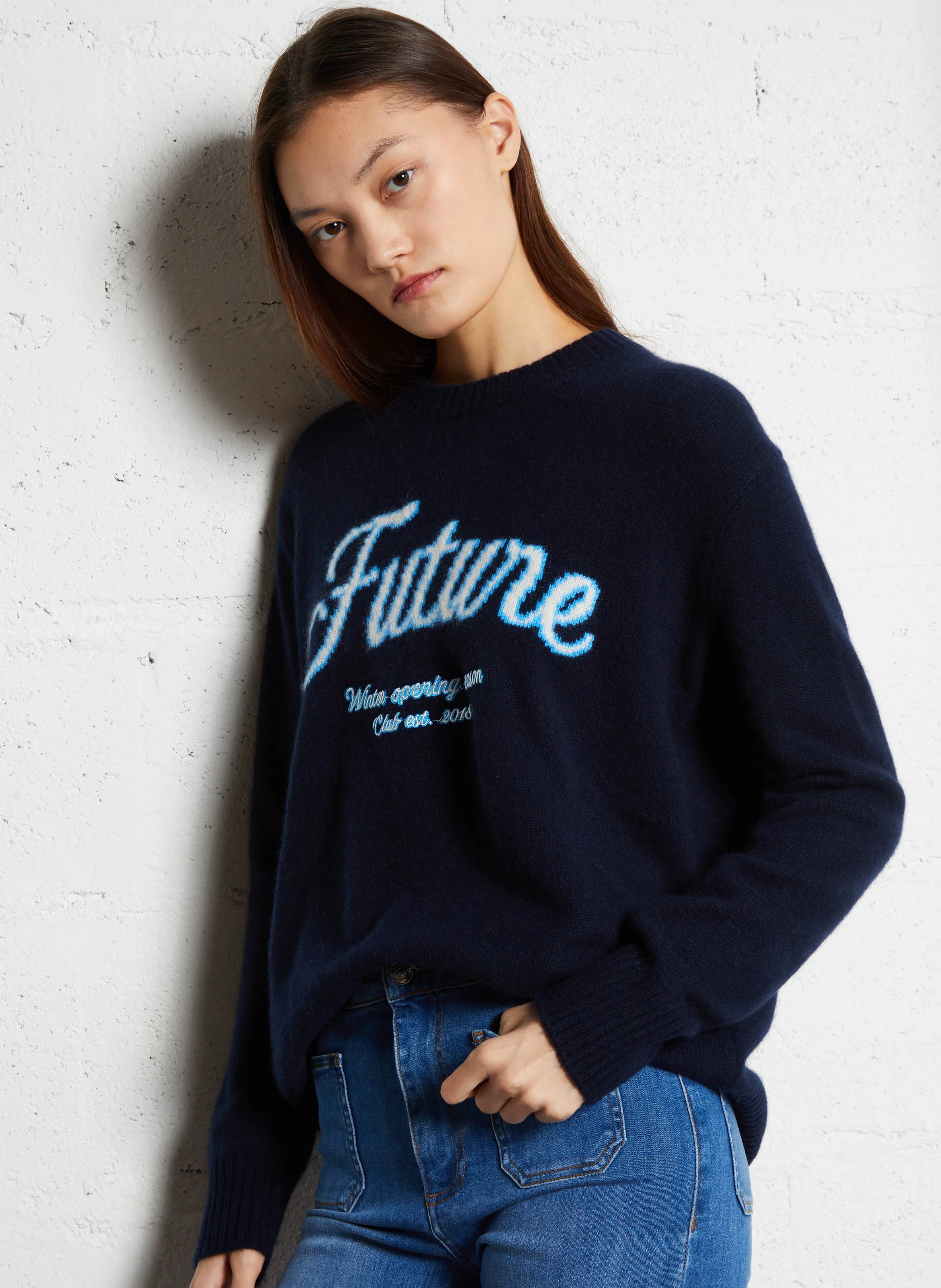 Pull col rond brodé en cachemire | Bleu