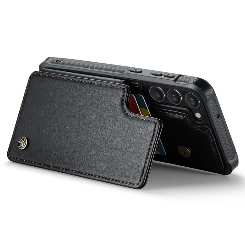 Samsung Galaxy S23 5G Leder Hülle mit Kartenfächern im Litchi Look   Kickstand (RFID Schutz) - Schwarz