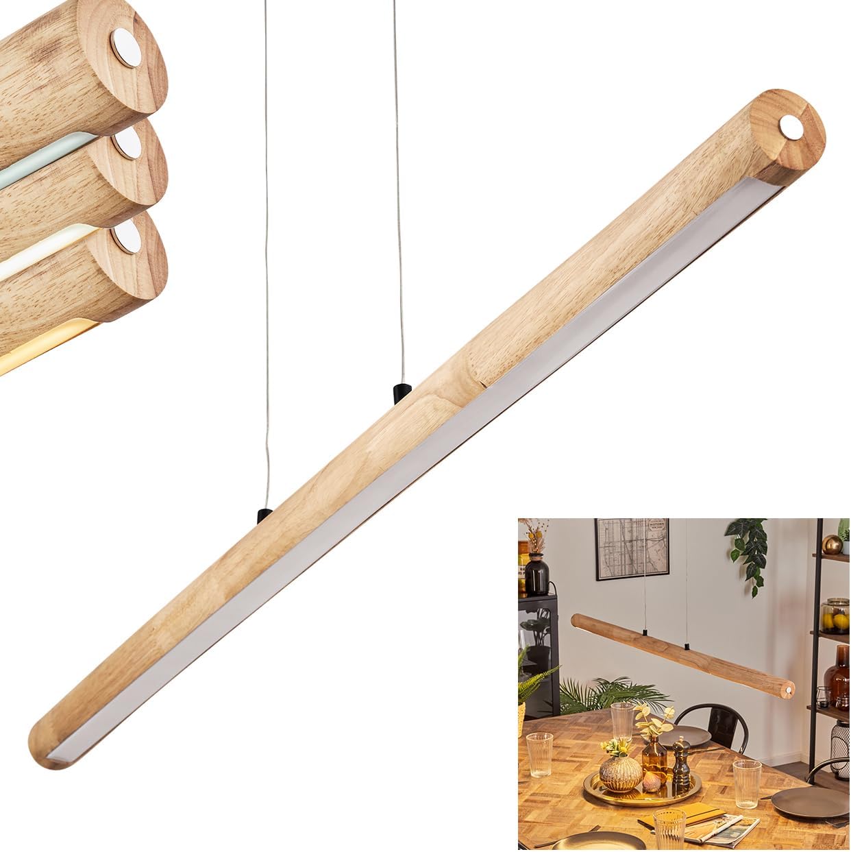 LED Pendelleuchte Carbellino, dimmbare Hängelampe aus Metall/Holz/Kunststoff in Schwarz/Naturfarben/Weiß, skandinavisches Design, Höhe max 150cm, Touchdimmer, LED 24 Watt, 3000-6000 Kelvin, 2550 Lumen