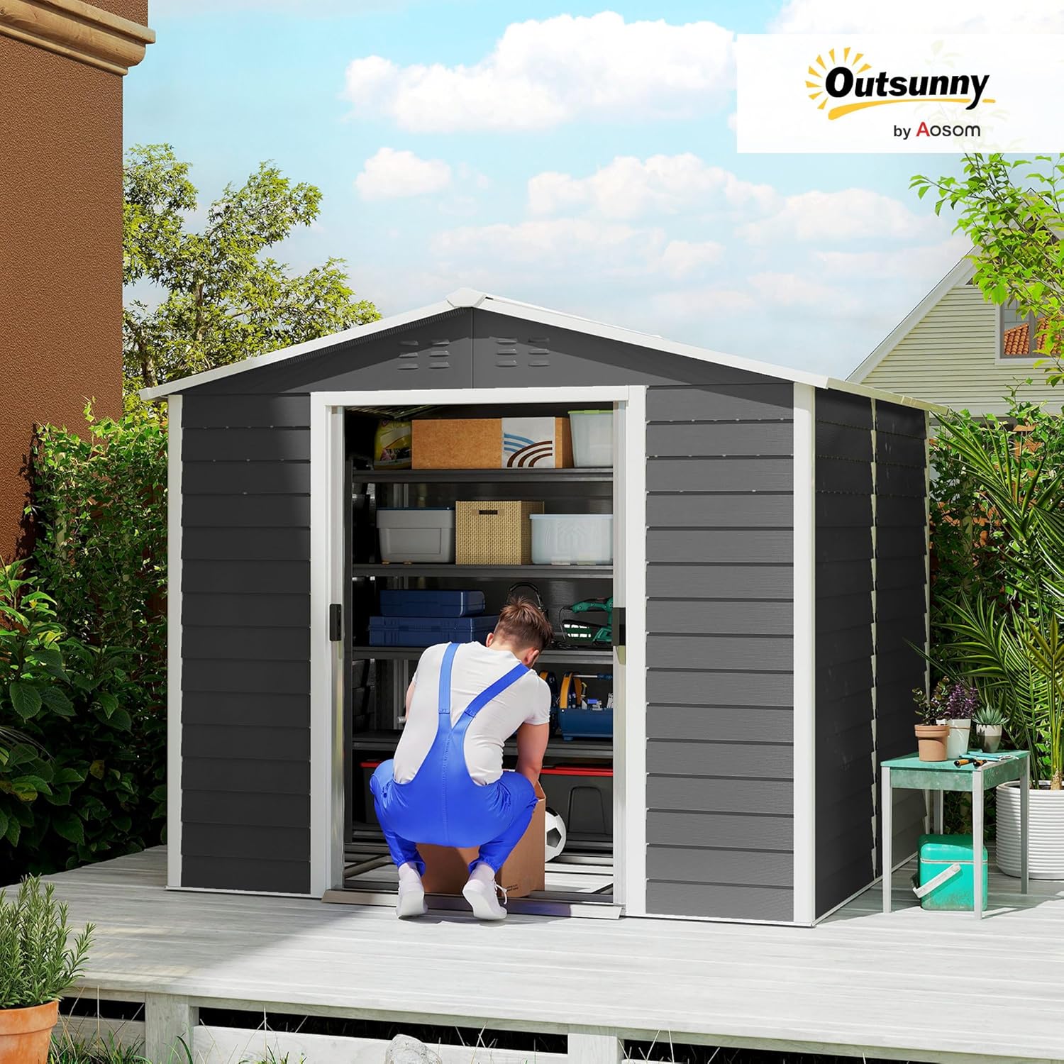 Outsunny Gerätehaus 4,4 m², Gartenhaus mit Pultdach, Schiebetür, Fundament, Einfach Montage 240 x 206 x 198 cm, Geräteschuppen aus Verzinkter Stahl, wetterfest, für Garten, Dunkelgrau