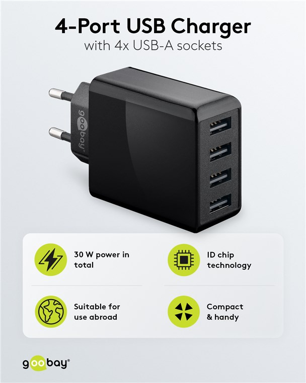 (30W/3A) 4-fach USB 2.0 Ladegerät (44953) - Schwarz
