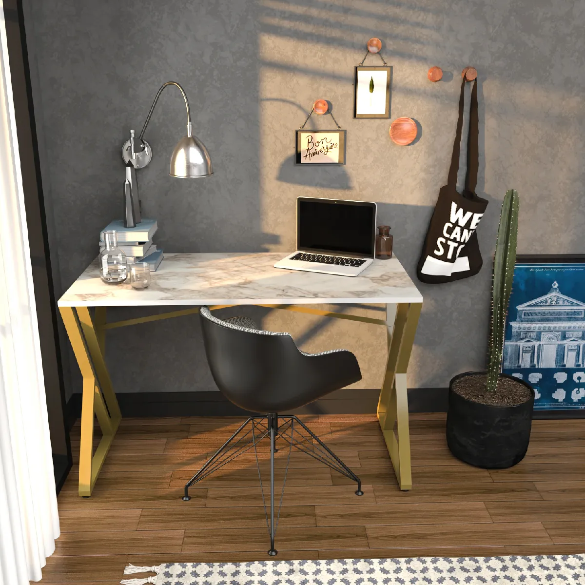 Decorotika Bureau, Table de bureau, travavil avec le pieds et cadre en métal (Doré et Effet marbre blanc)
