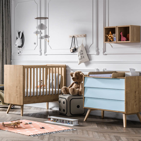Chambre DUO VINTAGE lit 60x120 Bois commode Bois Bleu - VOX