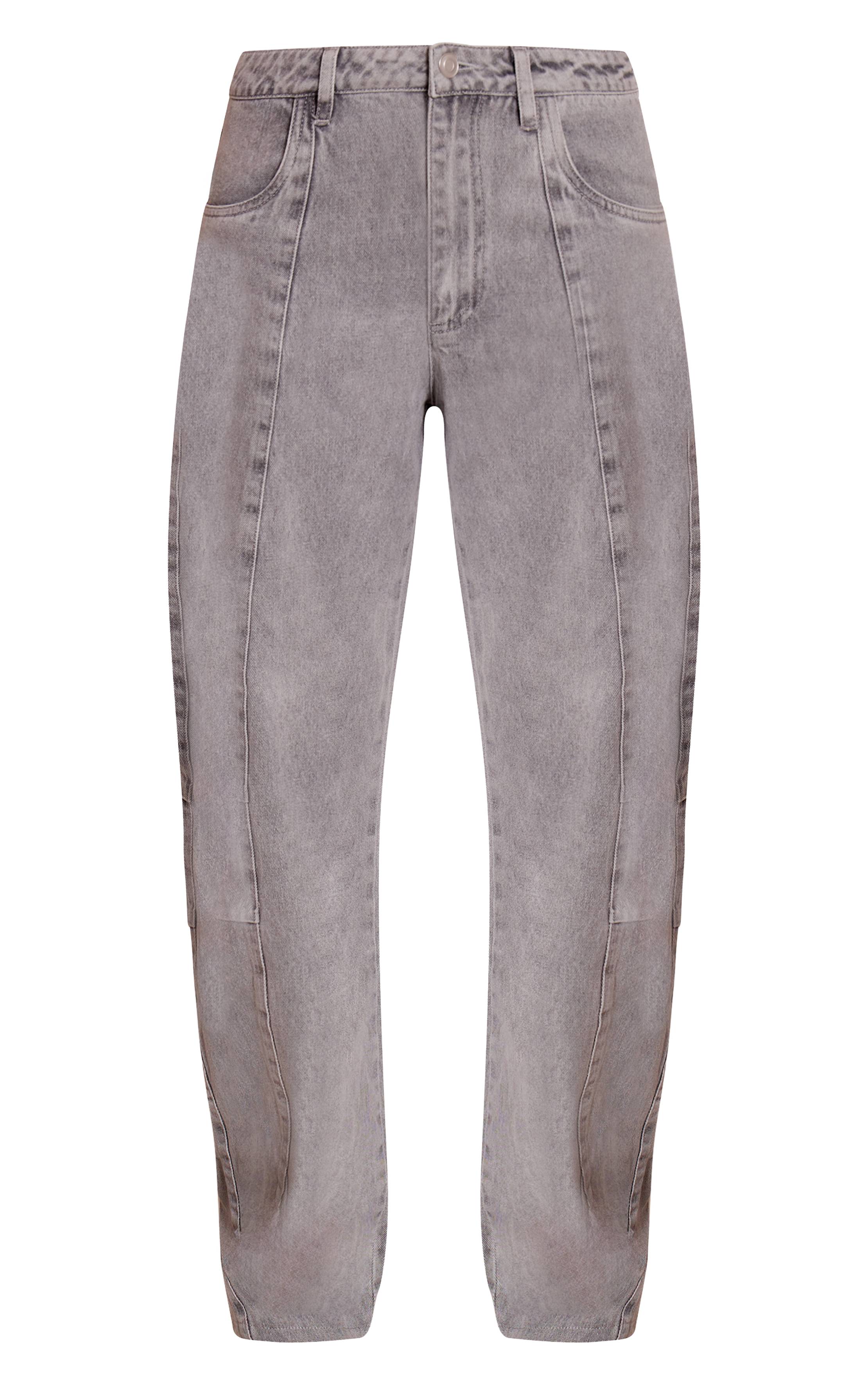 Gris Jean Barrel Taille Mi-haute Avec Détails De Coutures