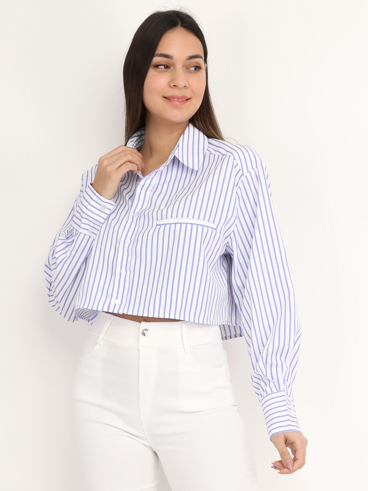 Chemise cropped à rayures- Blanc