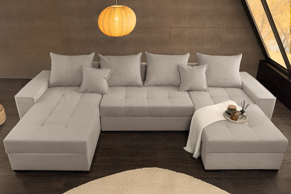 XXL Wohnlandschaft LODGE 315cm greige Cord Sofa mit Schlaffunktion und Stauraum