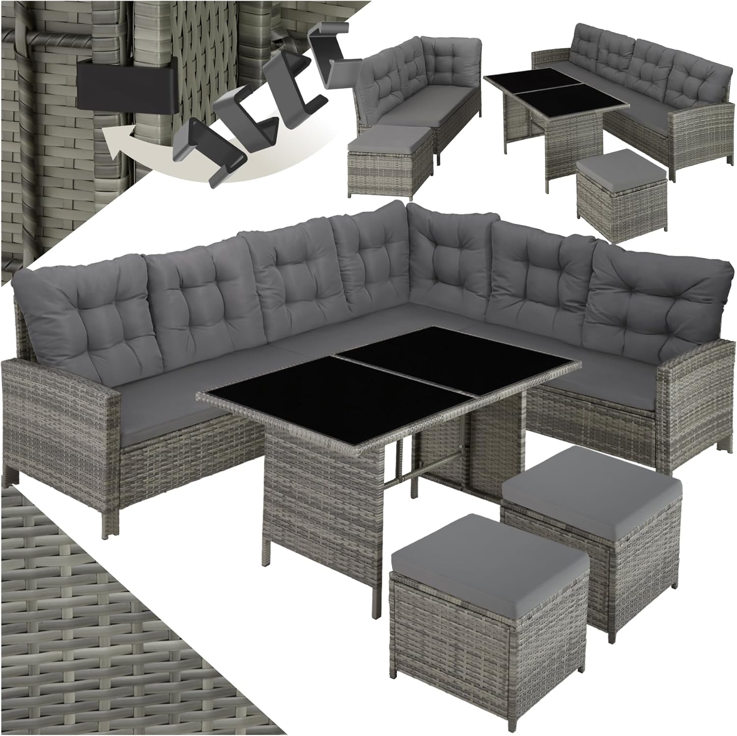 tectake Polyrattan Lounge Set, Gartenmöbel Set mit Sofa, Hocker + Tisch, Balkon Möbel Outdoor, 5-teilige Sitzgruppe, inkl. Sitz- & Rückenkissen, ideal für Garten, Terrasse, Balkon - grau/beige