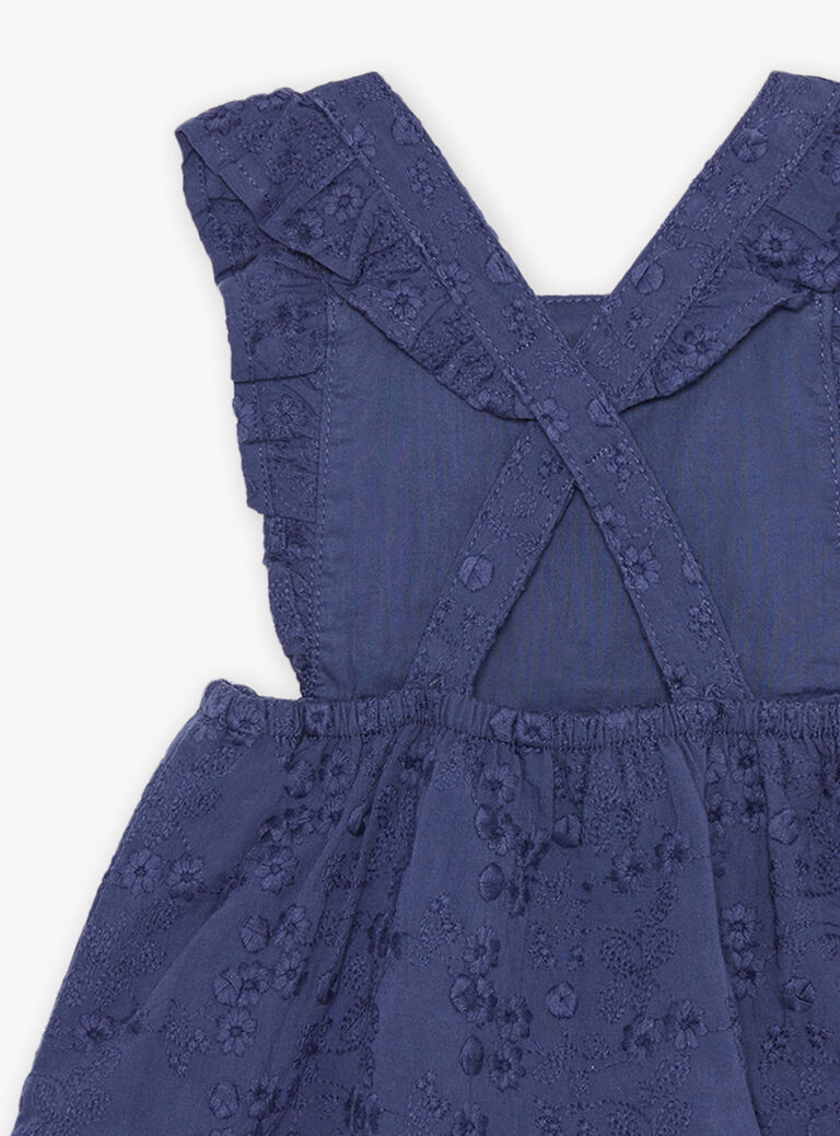 Robe bleu nuit en popeline à broderies fleuries