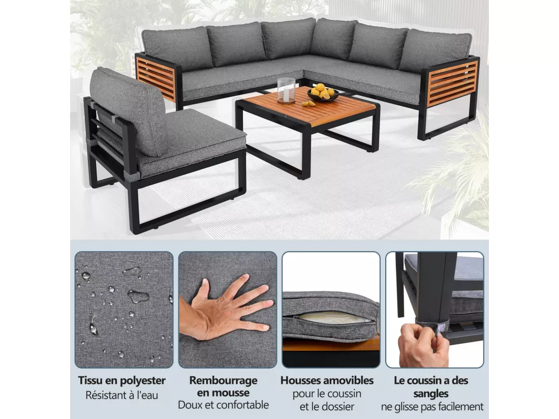 Salon de jardin modulable - avec cadres en fer galvanisé et accoudoirs en bois - Table basse et canapé modulable 6 places