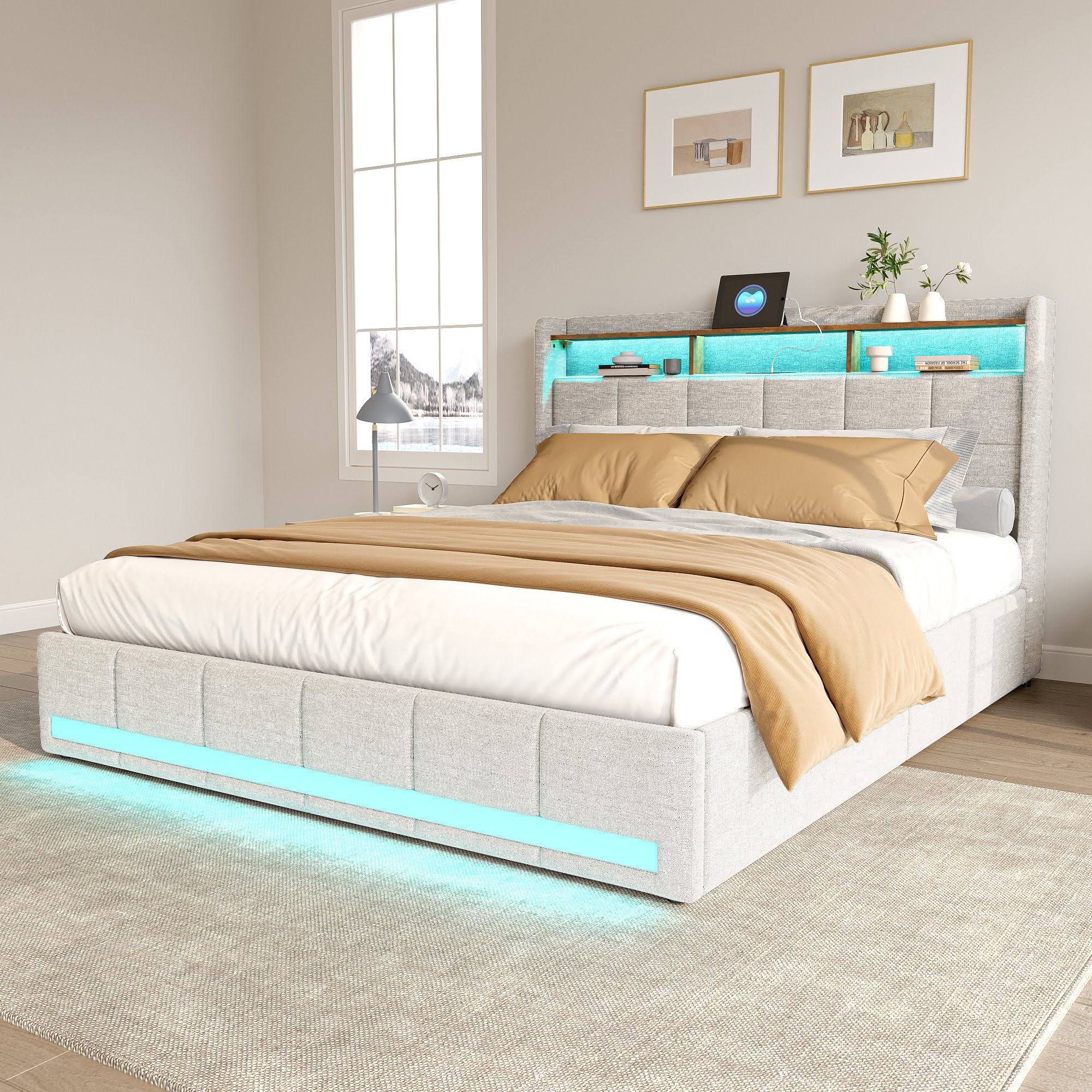 PXloue Polsterbett LED Doppelbett mit USB-Laden und Stauraum am Kopfte