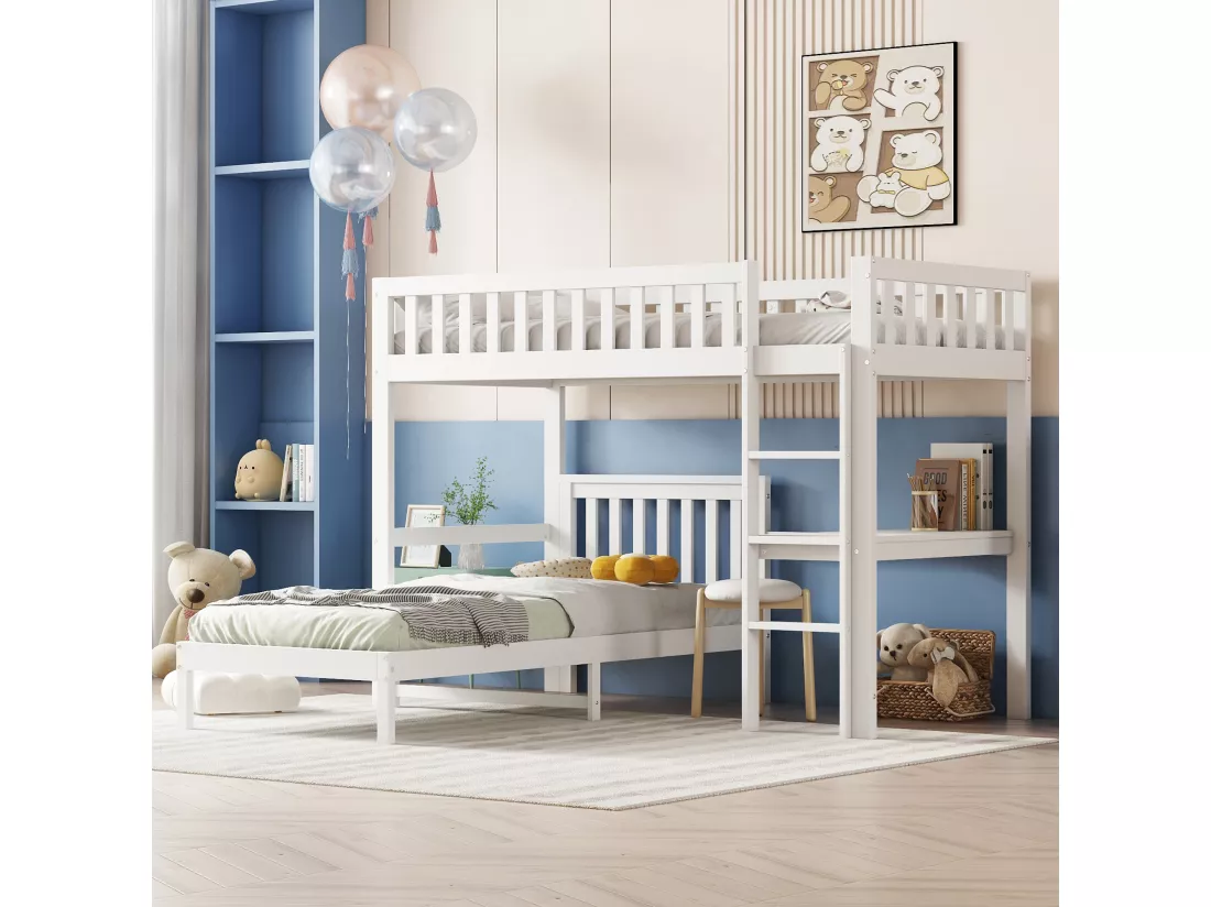 Lits superposés 2 x 90 x 200 cm avec bureau et échelle - bois massif + MDF - blanc (sans matelas)
