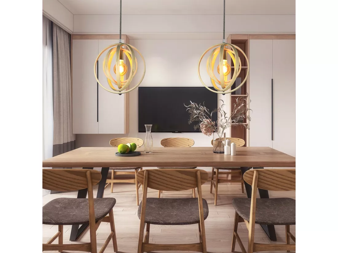 NETTLIFE Suspension LED en bois blanc Diam.30cm E27 lampe à style maison de campagne vintage, réglable en hauteur, intégré en permanence, salle
