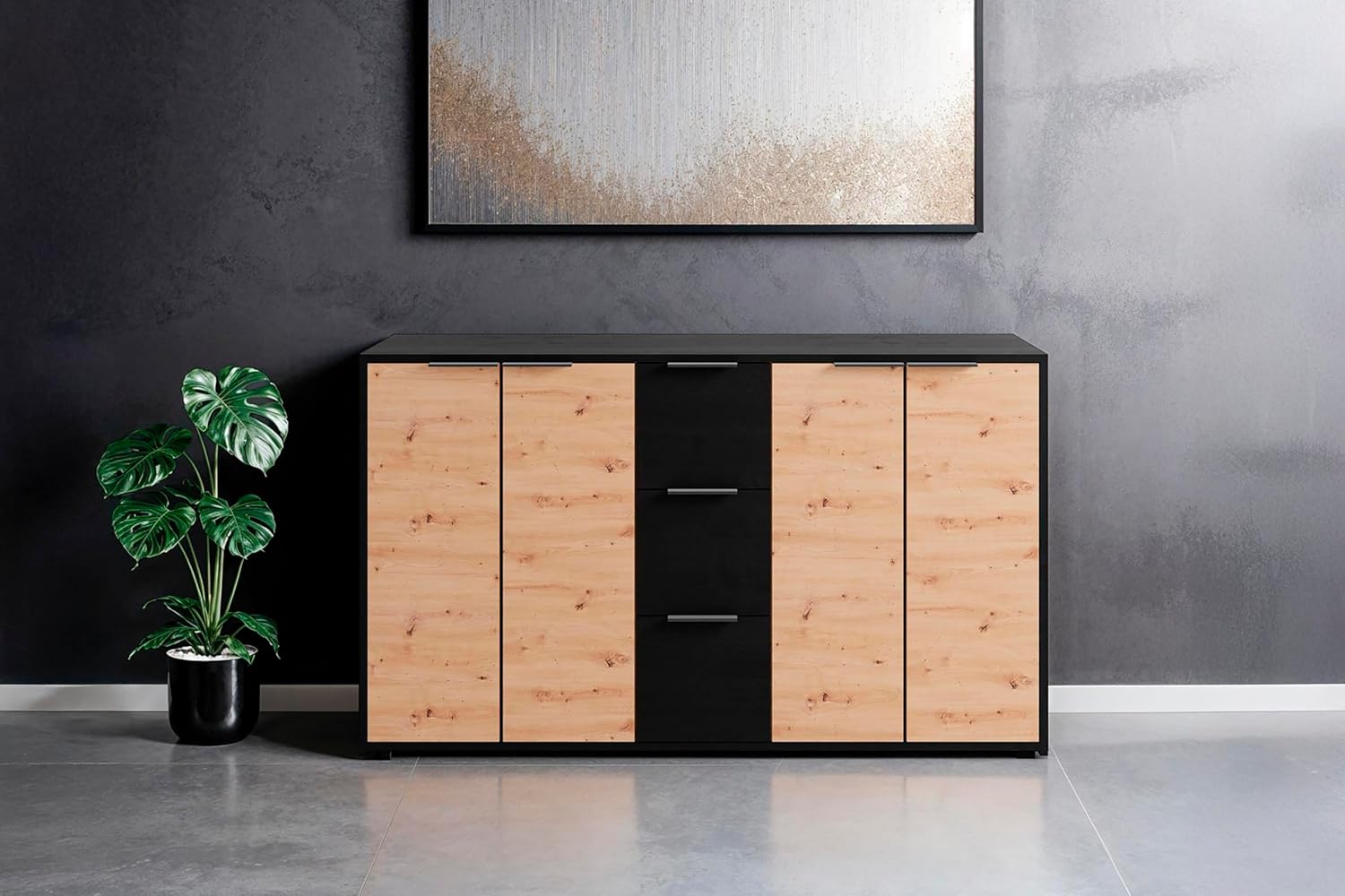 byLIVING Sideboard Rimini/Melamin Eiche schwarz und Artisan Eiche / 4 Türen/B 139, H 80, T 39 cm