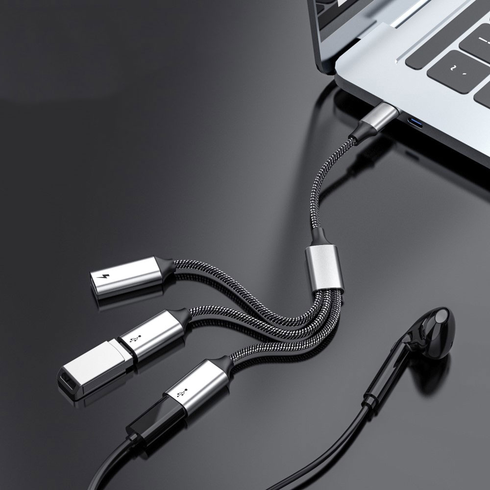 (26cm) 60W 3in1 USB C auf 3x USB C Adapter Ladekabel OTG Nylon Datenkabel - Schwarz / Silber