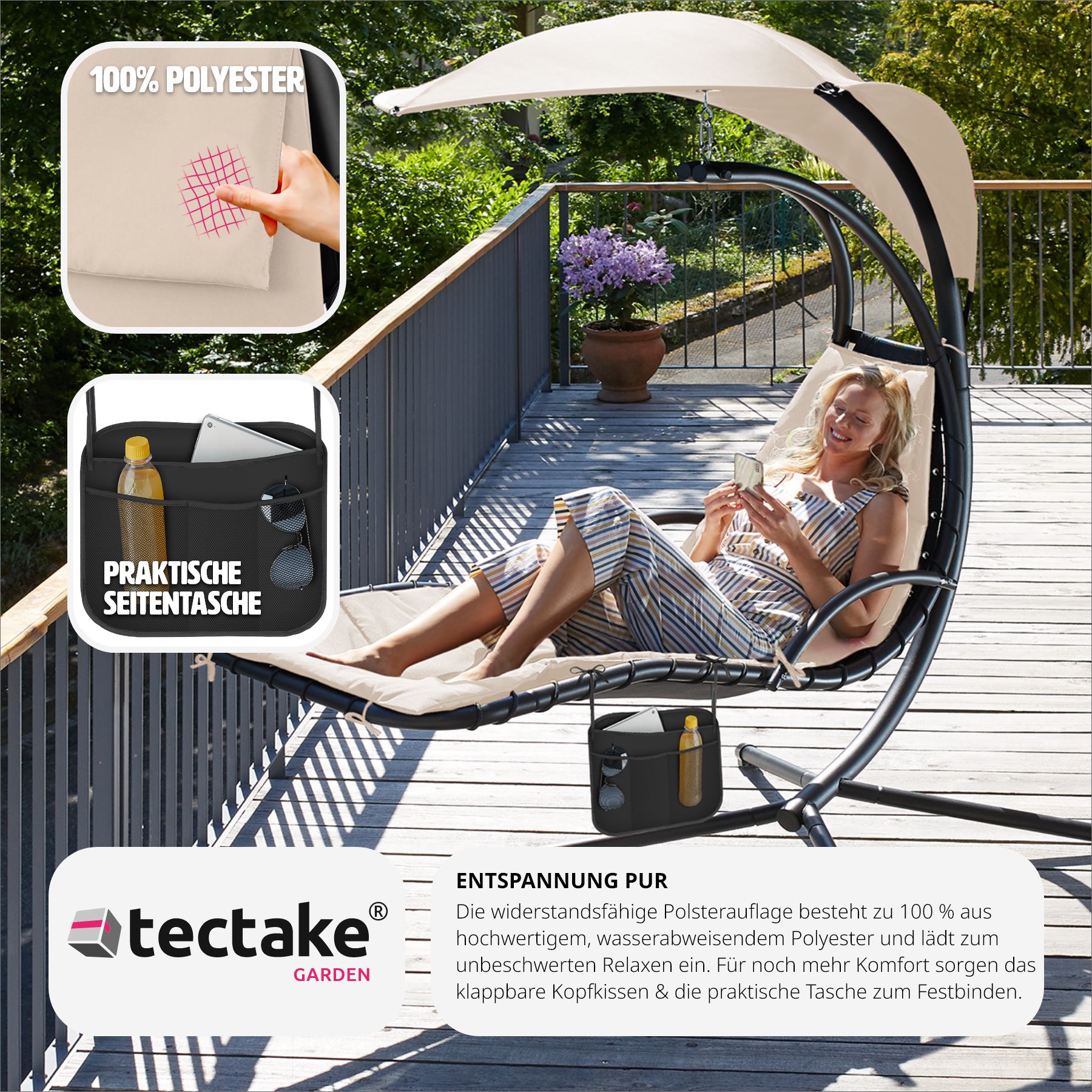 tectake® Hängeliege, großes Sonnendach mit UV-Schutz, ergonomisch, 195 x 132 x 197 cm, mit Seitentasche