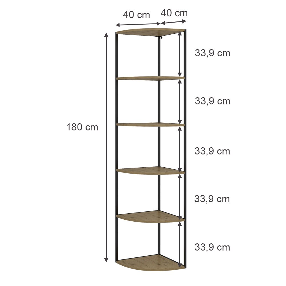 Vicco Eckregal Fyrk, 40 x 180 cm, Eiche Schwarz, 5 Ebenen, Wandregal, Industrial