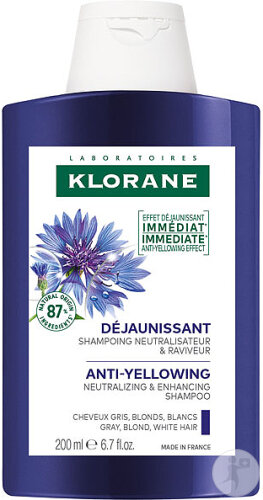 Klorane Centaurée Bio Shampoing Déjaunissant Neutralise & Ravive Cheveux Gris & Blonds Blancs 200ml