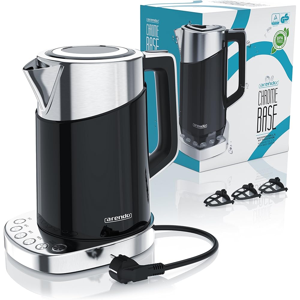 Arendo - Bouilloire en acier inoxydable de 3000 watts - 1,7 litres - Base à 4 températures sélectionnables - maintien au chaud - 3 filtres anti calcaire - Arrêt automatique - double paroi - Sans BPA : Cuisine et Maison
