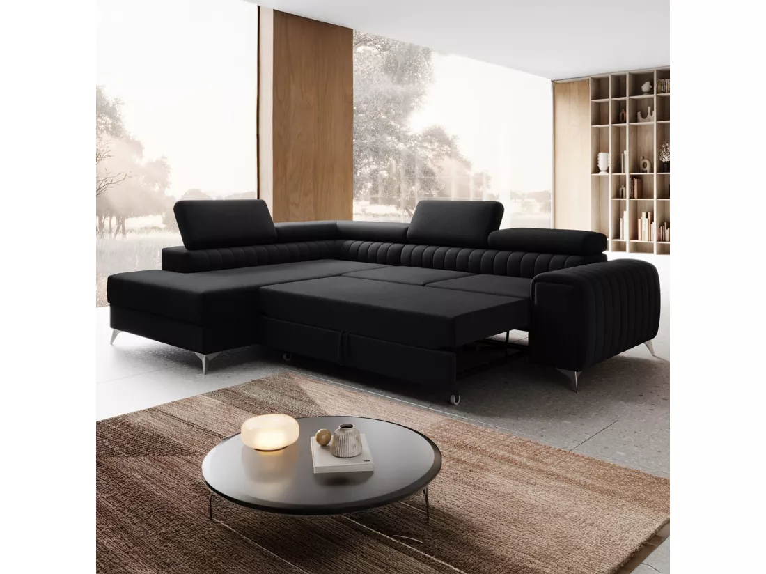 Canapé d'angle gauche convertible Isaac Velours Noir