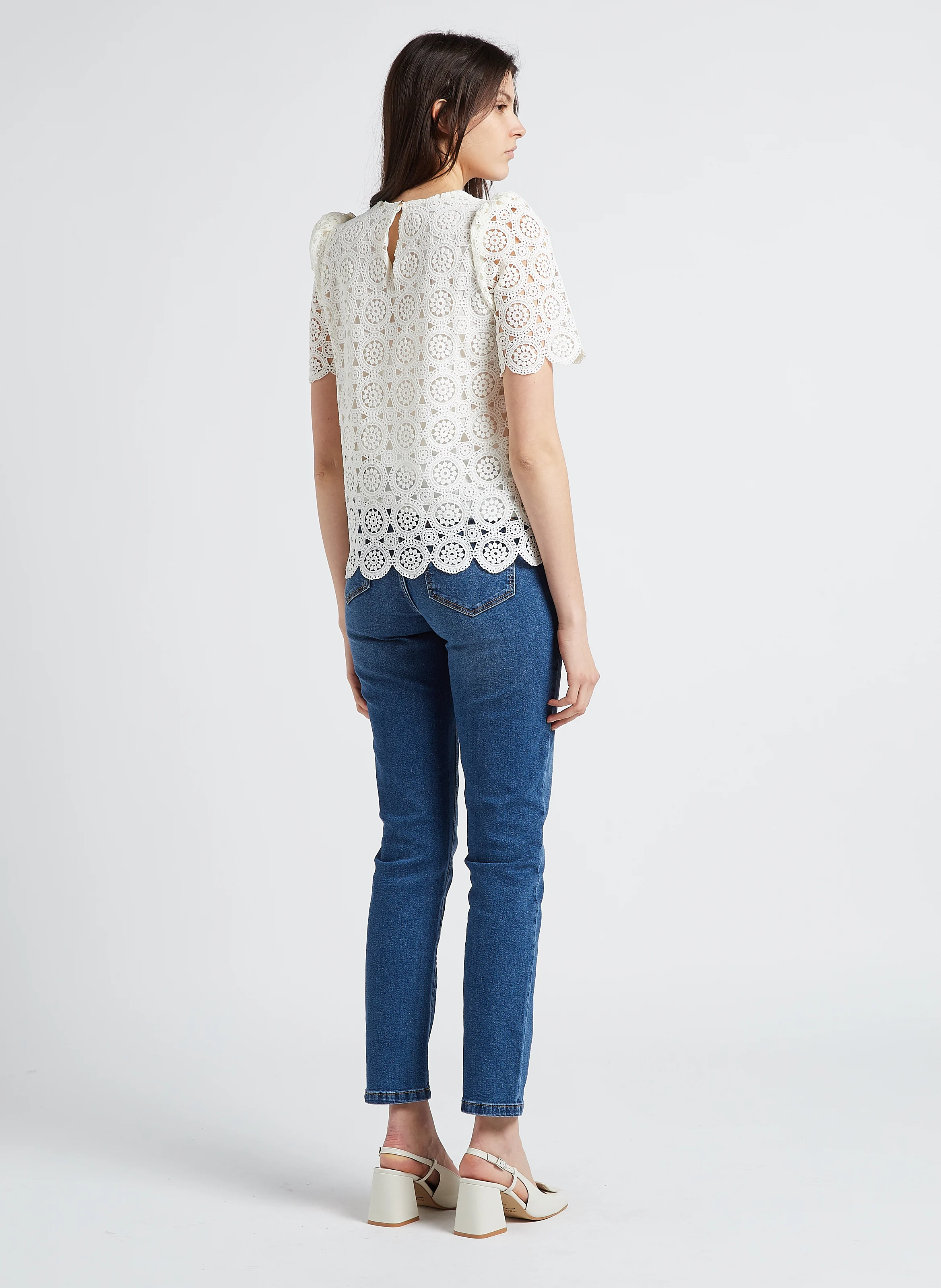 Jean droit taille mi-haute en denim de coton| Bleu