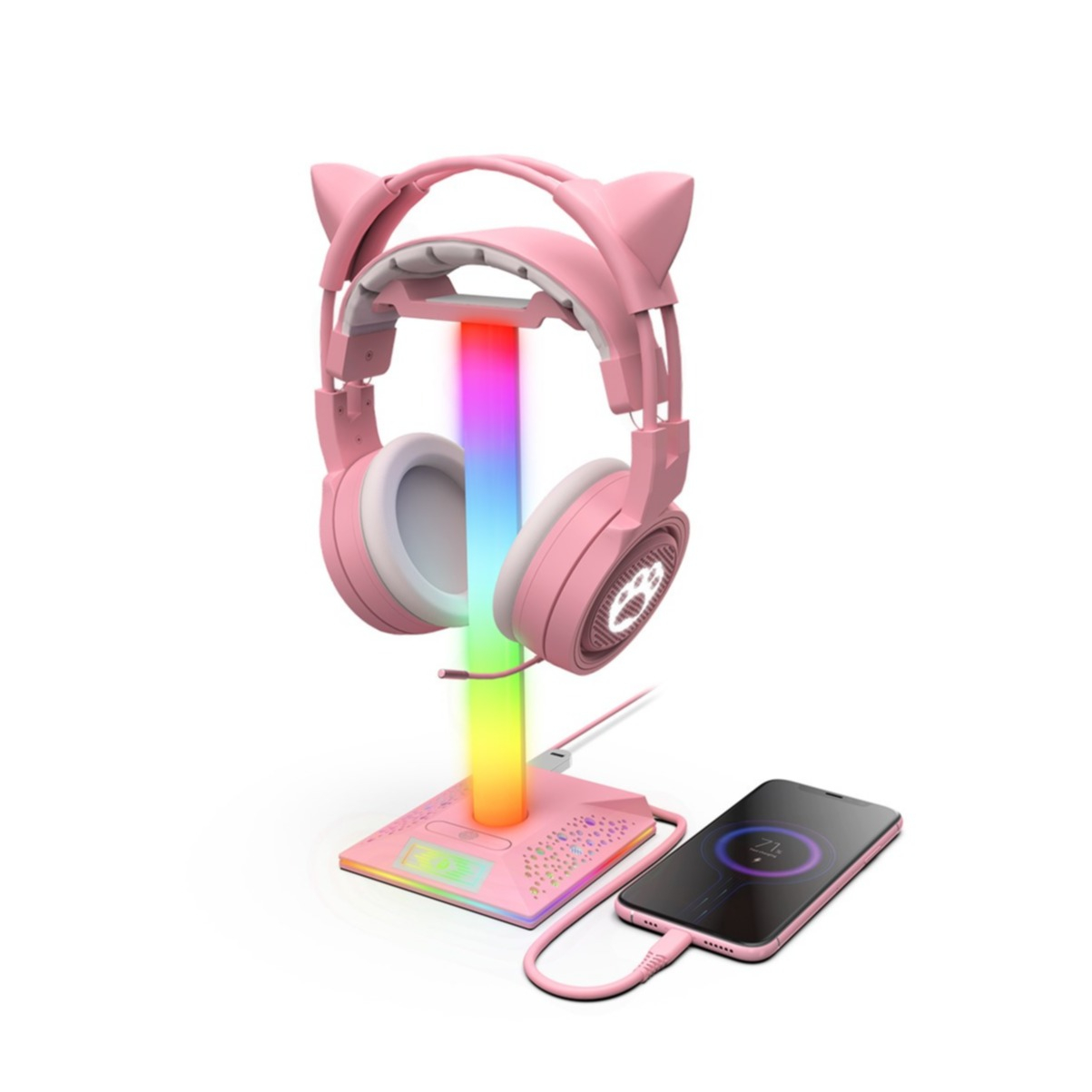 Gaming Kopfhörer Halterung Ständer für Over-Ear Headset mit USB C / 2x USB A Anschluss   RGB Beleuchtung - Rosa