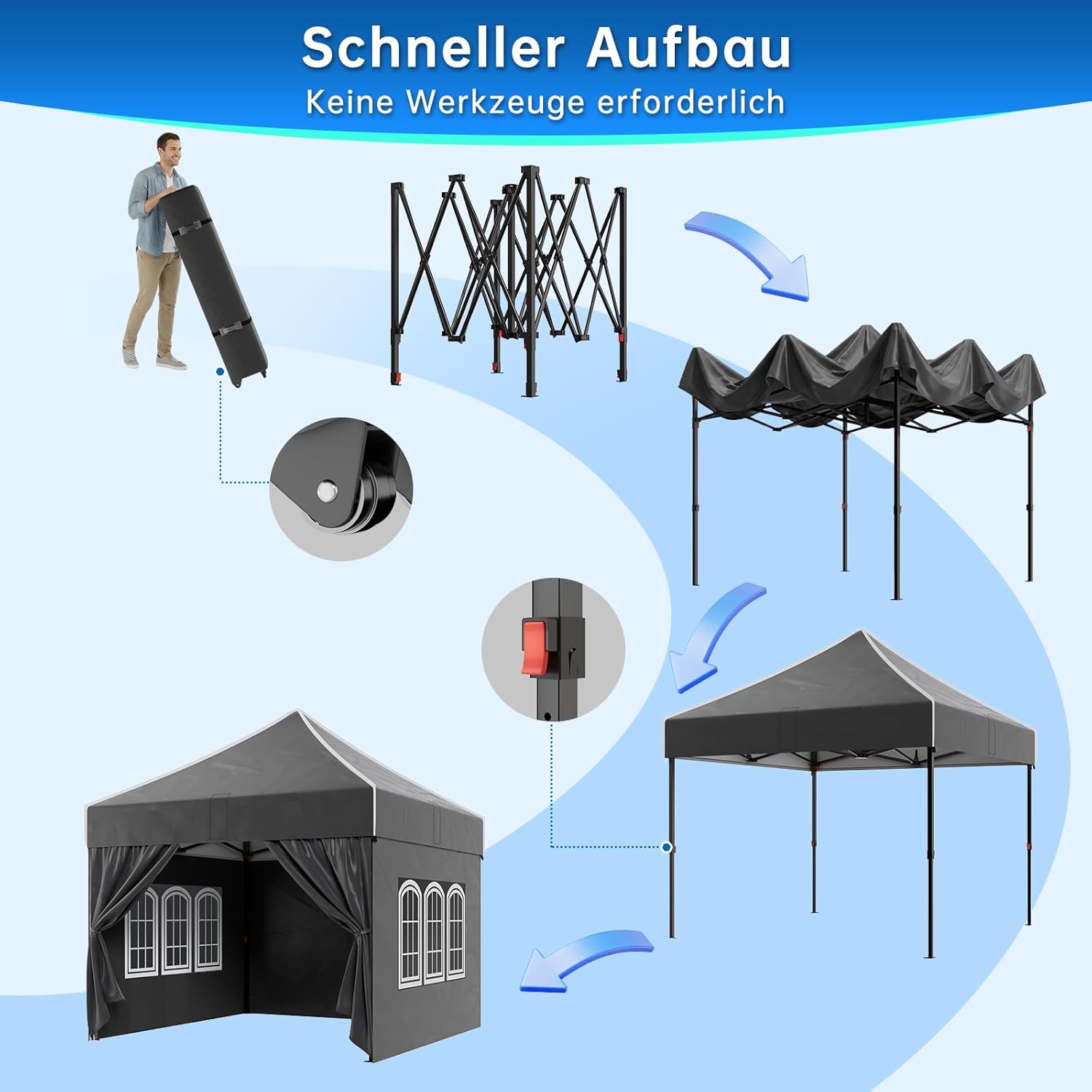 Devoko Pavillon 3x3 Wasserdicht Stabil Winterfest, Steiler Giebel, Faltpavillon mit Seitenwänden, UV Schutz 50+, Partyzelt Höhe Verstellbar, Grillpavillon für Gärten, Innenhöfe, Camping. Schwarz
