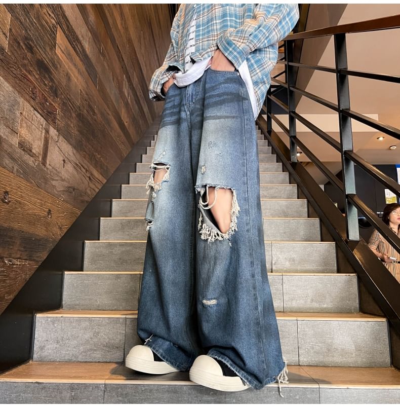 Antaeus - Mid Rise Distressed Wide Leg Jeans